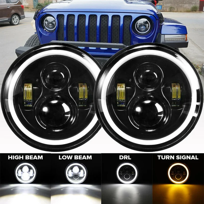 Phares LED ronds 7 pouces H4 Angel Eyes Jeep Wrangler 2 pièces