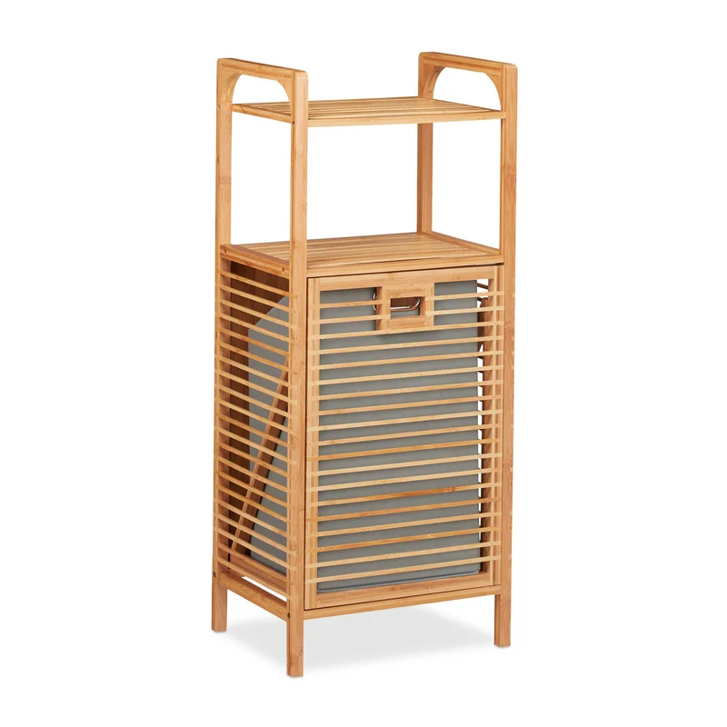 Etagère moderne salle de bain avec panier à linge rabattable 80 x 30 x 100 cm en bambou naturel 13_0005631
