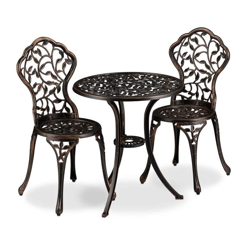 Ensemble de mobilier de balcon table ronde 70 x 70 x 75 cm avec 2 chaises design antique ambiance romantique en aluminium noir 13_0008339