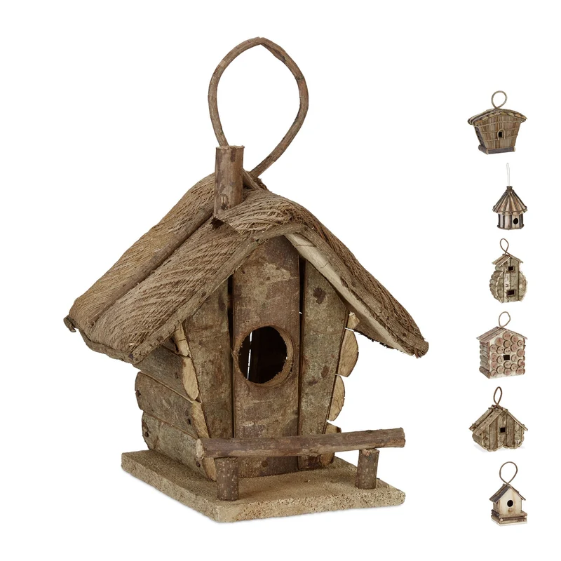 Maison d'oiseaux décorative en bois naturel style rustique pour balcon jardin 32 x 29 x 16 cm en bois nature 13_0008695