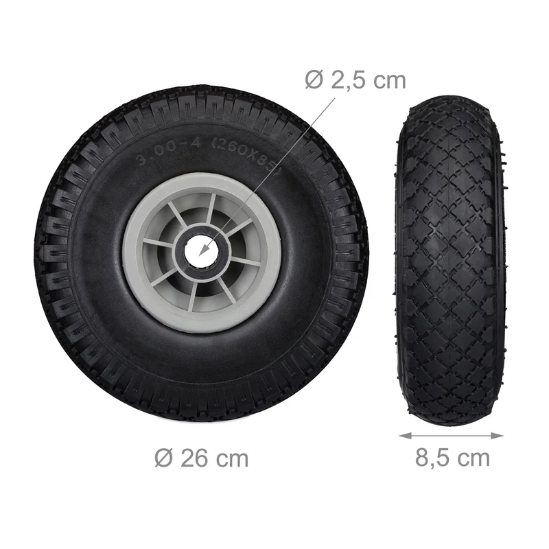 Lot de 2 roues de brouette increvables 26 x 8,5 cm avec roulement à aiguilles confort transport en caoutchouc noir 13_0007225