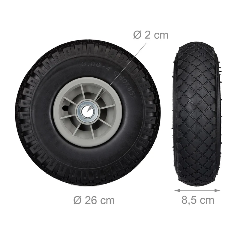 Lot de 2 roues de brouette increvables 3.00-4 avec roulement à billes et surface profilée en caoutchouc noir 13_0007211