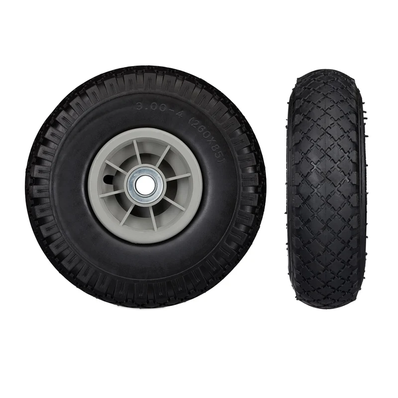 Lot de 2 roues de brouette increvables 3.00-4 avec roulement à billes et surface profilée en caoutchouc noir 13_0007211