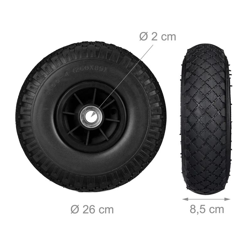 Lot de 2 roues de brouette increvables 26 x 8,5 cm confort de transport durable en caoutchouc noir 13_0007215