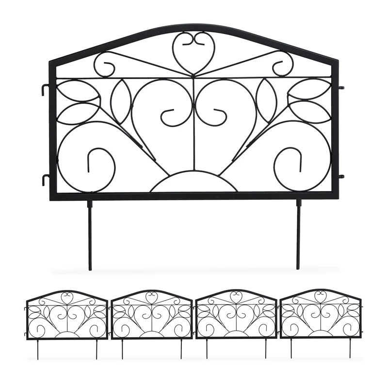 Lot de 4 bordures potager en fer noir design antique délimitation jardin extérieure 47 x 225 x 1,5 cm en fer noir 13_0008794