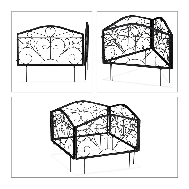 Lot de 4 bordures potager en fer noir design antique délimitation jardin extérieure 47 x 225 x 1,5 cm en fer noir 13_0008794