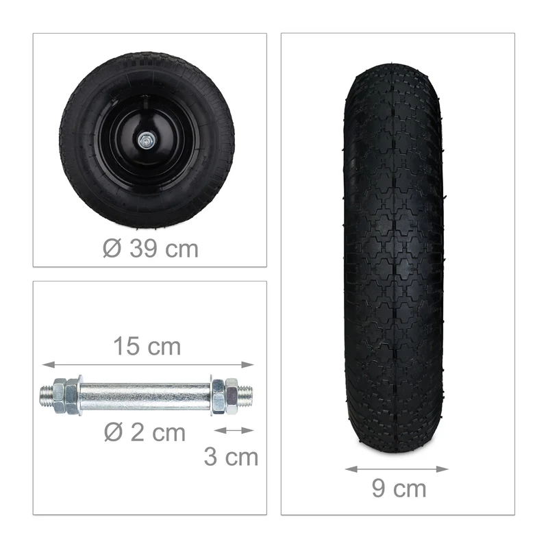 Roue de brouette pneumatique 39 x 9 cm surface profilée confort transport en caoutchouc noir 13_0007685