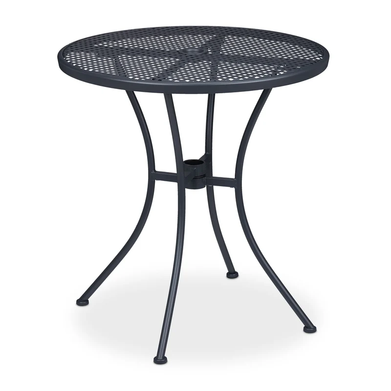 Table ronde de jardin extérieure métal 80 x 80 x 74 cm avec trou parasol design grille en acier noir 13_0010564