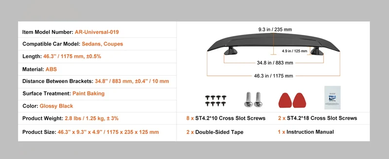Becquet Universel GT 46.3 Pouces ABS Berlines Coupés