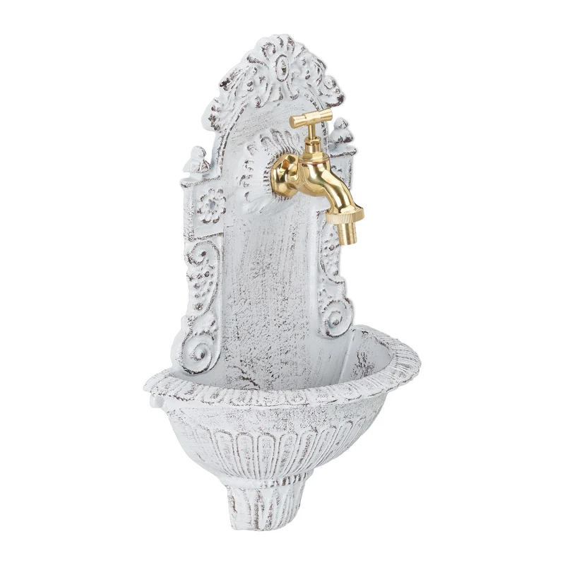 Fontaine murale extérieure style antique 40 x 24,5 x 13 cm avec robinet pratique déco jardin en fonte d’aluminium gris 13_0008729
