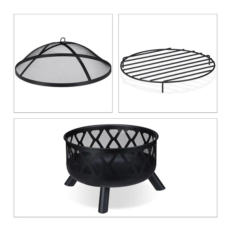 Brasero de jardin acier noir 80 x 80 x 30 cm avec protection étincelles ambiance chaleureuse en acier noir 13_0009257