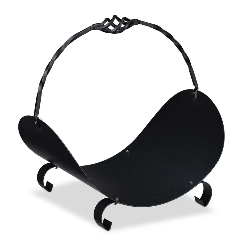 Panier ovale porte bûches décoratif noir 50 x 30 x 30 cm avec anse de transport design en acier noir 13_0009264