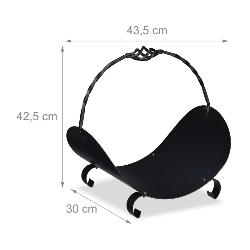 Panier ovale porte bûches décoratif noir 50 x 30 x 30 cm avec anse de transport design en acier noir 13_0009264