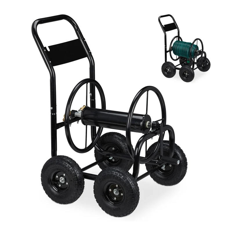 Dévidoir mobile pour tuyau d'arrosage jardin 85 x 45 x 100 cm en métal noir 13_0009354