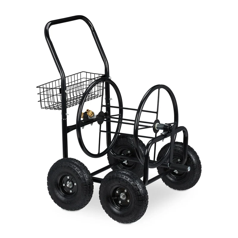 Dévidoir tuyau d'arrosage avec manivelle 4 roues transport facile jardin en métal noir 13_0009368