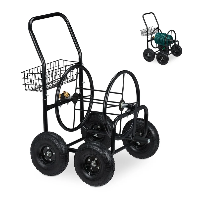 Dévidoir tuyau d'arrosage avec manivelle 4 roues transport facile jardin en métal noir 13_0009368