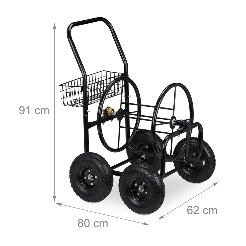 Dévidoir tuyau d'arrosage avec manivelle 4 roues transport facile jardin en métal noir 13_0009368