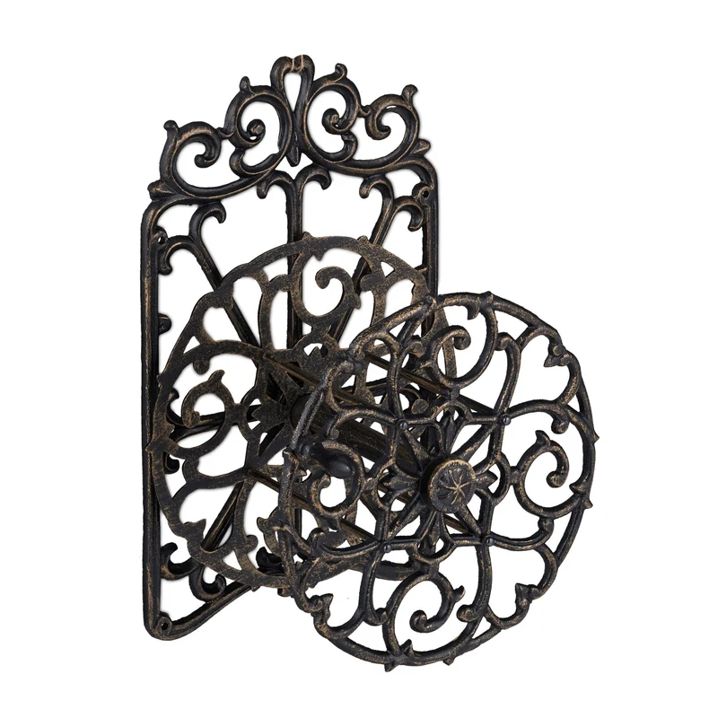 Support de tuyau d'arrosage mural rond jardin décoratif pratique 52 x 33 x 31 cm en fonte de fer 13_0009134