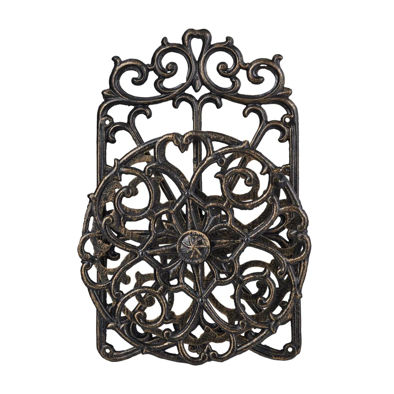 Support de tuyau d'arrosage mural rond jardin décoratif pratique 52 x 33 x 31 cm en fonte de fer 13_0009134