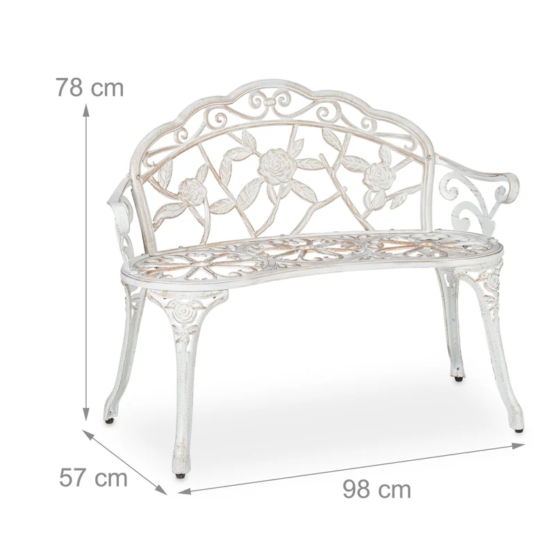 Banc de jardin romantique pour deux en demi-rond 120 x 60 x 40 cm aspect shabby décoratif en métal blanc 13_0010062
