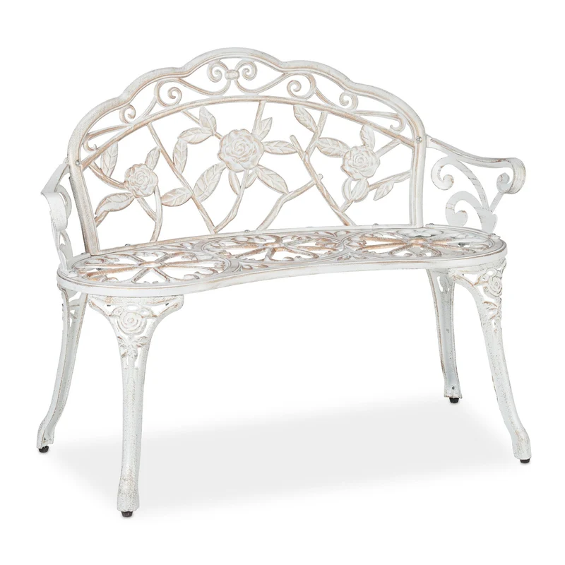 Banc de jardin romantique pour deux en demi-rond 120 x 60 x 40 cm aspect shabby décoratif en métal blanc 13_0010062