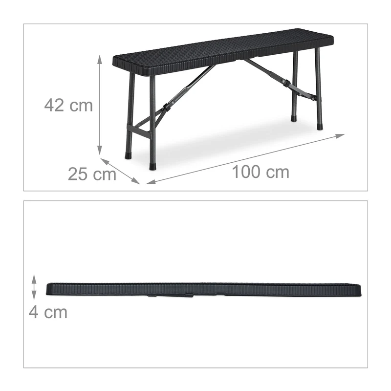 Lot de 2 bancs pliants extérieurs jardin salon 120 x 25 x 45 cm en plastique noir 13_0010177