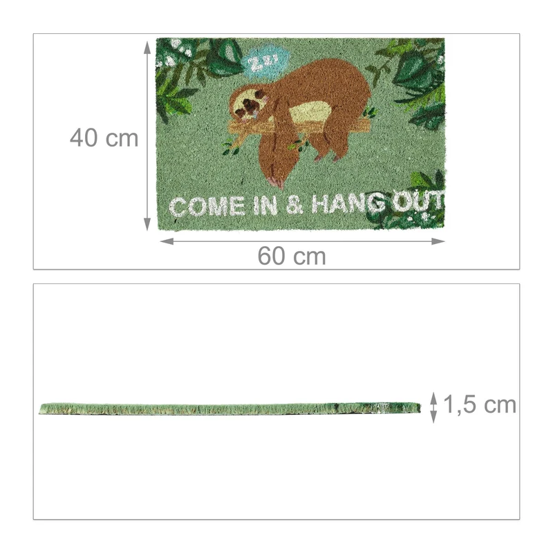 Paillasson décoratif intérieur extérieur avec motif paresseux 75 x 45 cm en coco marron 13_0009112