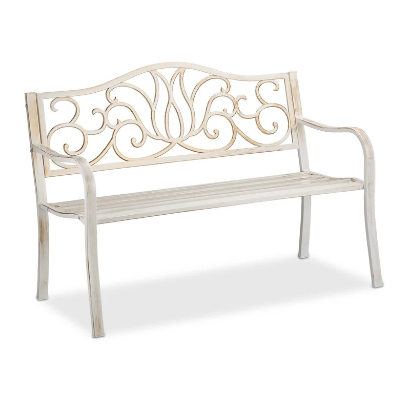 Banc de jardin décoratif pour 2 personnes 90 x 127,5 x 63 cm usage extérieur confort style antique en acier gris 13_0009501