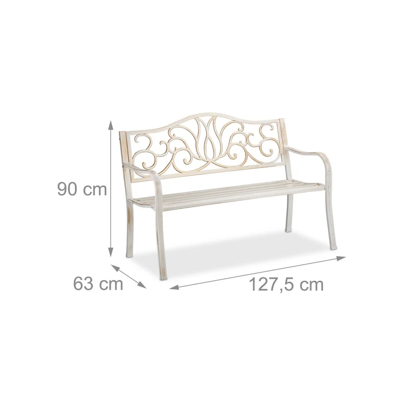 Banc de jardin décoratif pour 2 personnes 90 x 127,5 x 63 cm usage extérieur confort style antique en acier gris 13_0009501