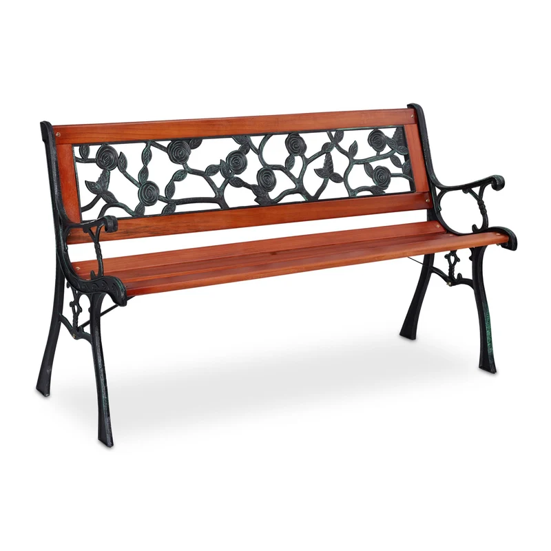 Banc de jardin romantique 120 x 50 x 75 cm assise confortable motifs fleuris style rustique en bois marron 13_0010769