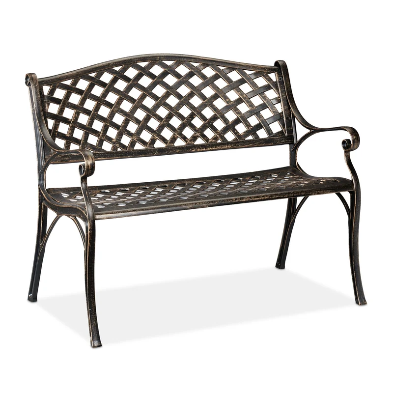 Banc de jardin vintage 118 x 60 x 78 cm assise confortable usage extérieur en aluminium noir 13_0008372