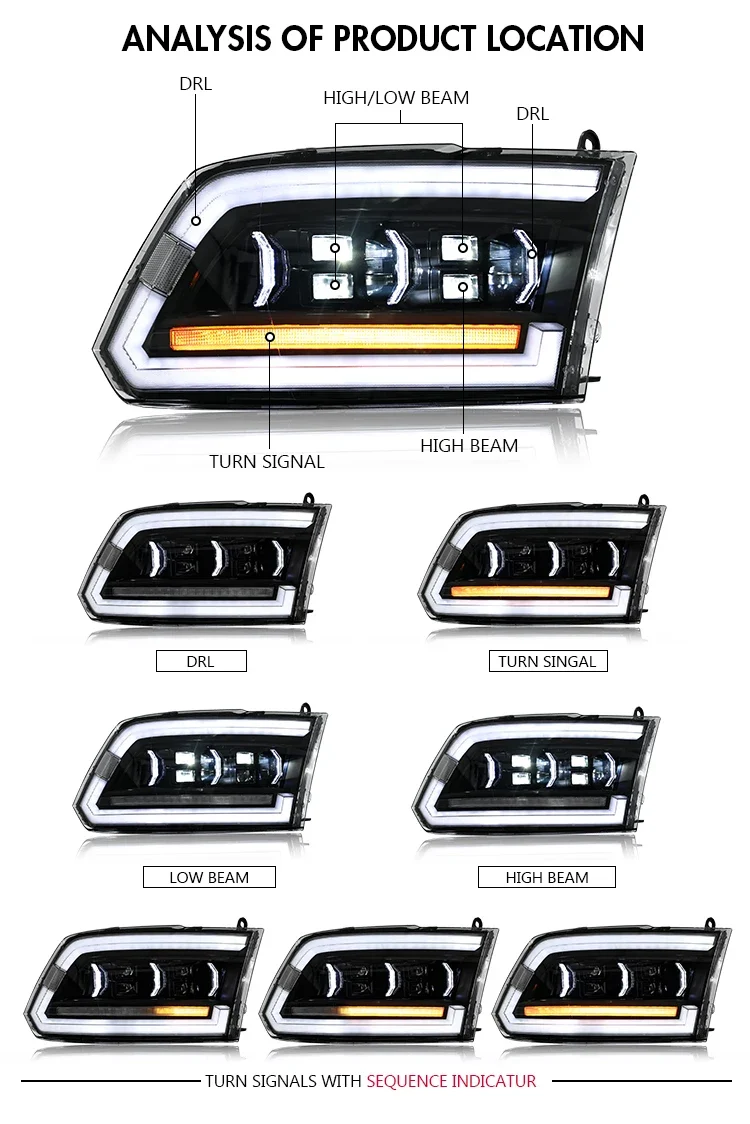 Phares LED Dodge RAM 1500 2500 3500 2009-2018 Séquentiel