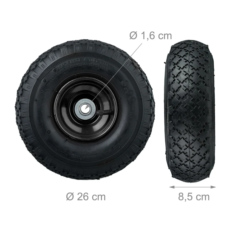 Lot de 2 roues pneumatiques pour diable 26 x 8,5 cm charge élevée roulement à billes confort utilisation extérieure en caoutchouc noir 13_0009234