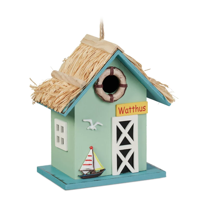 Cabane à oiseaux décorative en bois maritime jardin balcon terrasse 20 x 15 x 10 cm avec design détaillé en bois naturel 13_0012561