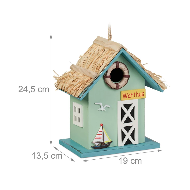 Cabane à oiseaux décorative en bois maritime jardin balcon terrasse 20 x 15 x 10 cm avec design détaillé en bois naturel 13_0012561