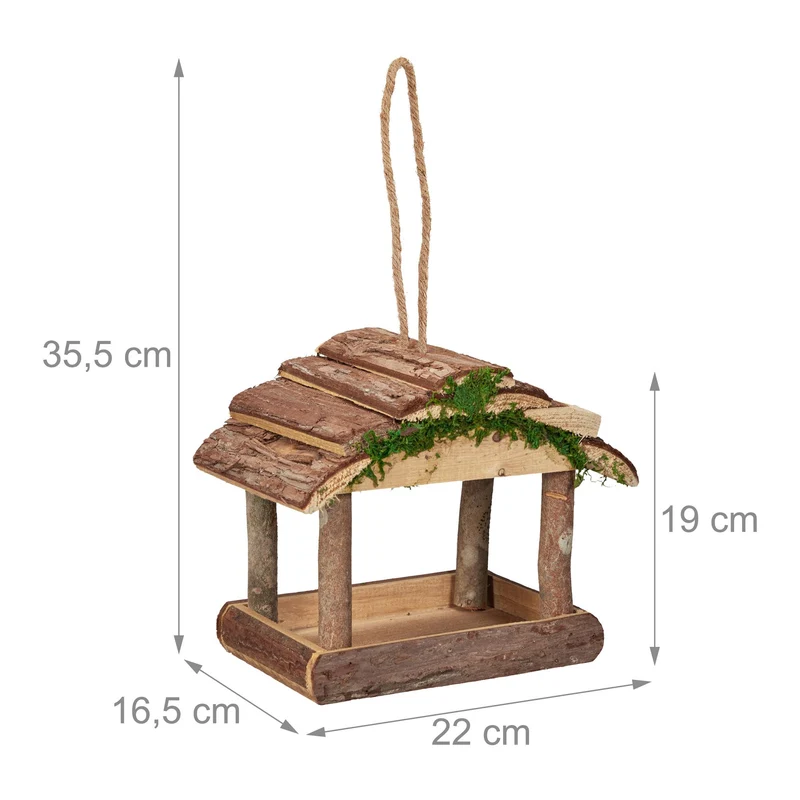 Mangeoire à oiseaux naturelle suspendue jardin 30 x 15 x 15 cm décorative en bois marron 13_0009375