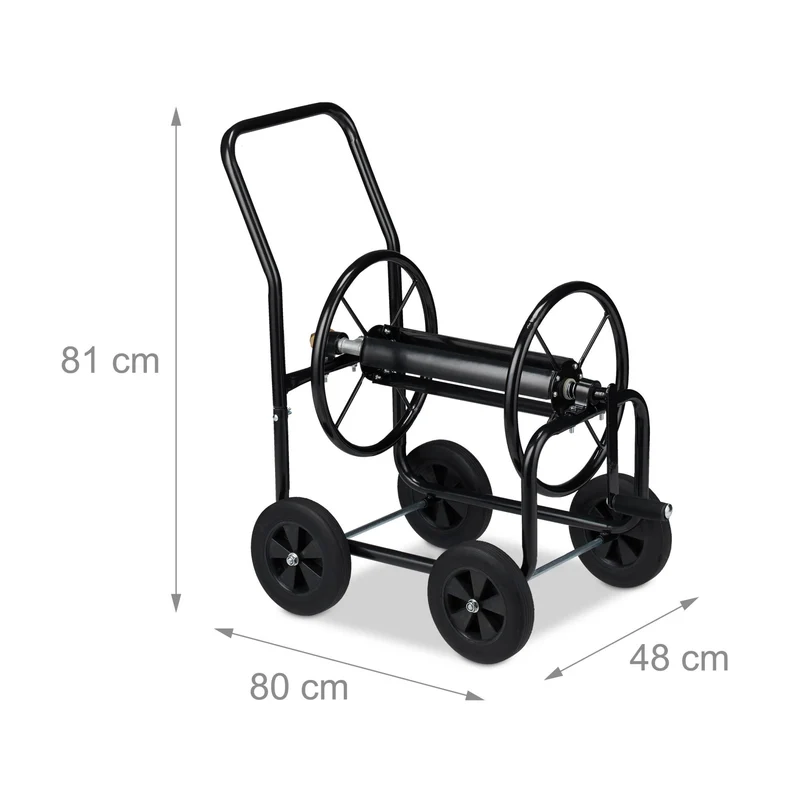 Chariot à tuyaux mobile avec 4 roues arrosage facile jardin 80 x 40 x 90 cm en métal noir 13_0008149