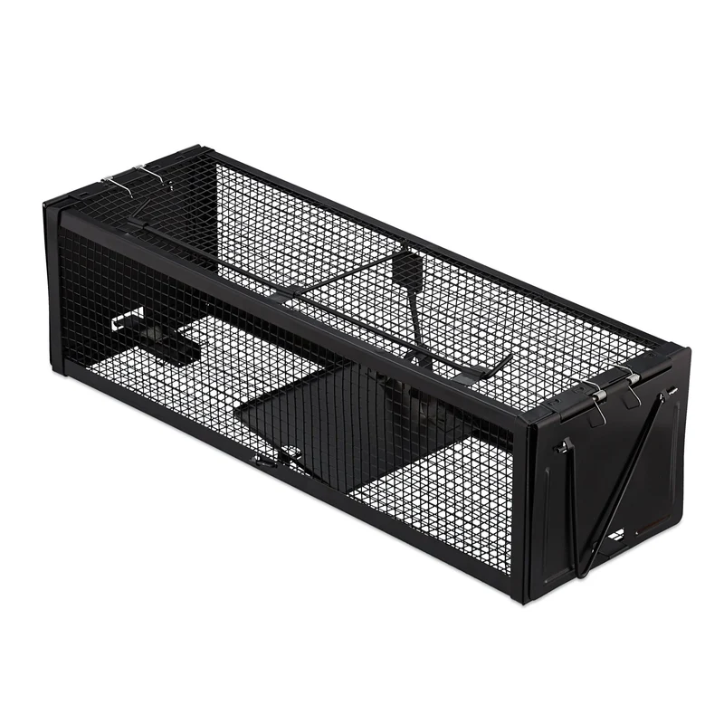 Piège en cage anti-souris réutilisable 11 x 39 x 12,5 cm pour capture rapide style moderne en fer noir 13_0007485