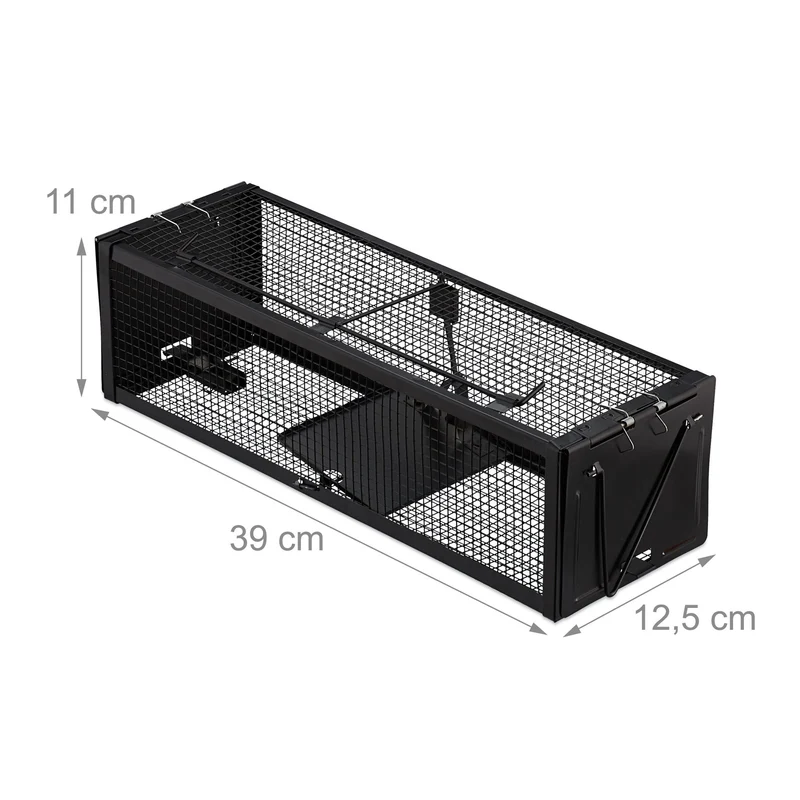 Piège en cage anti-souris réutilisable 11 x 39 x 12,5 cm pour capture rapide style moderne en fer noir 13_0007485