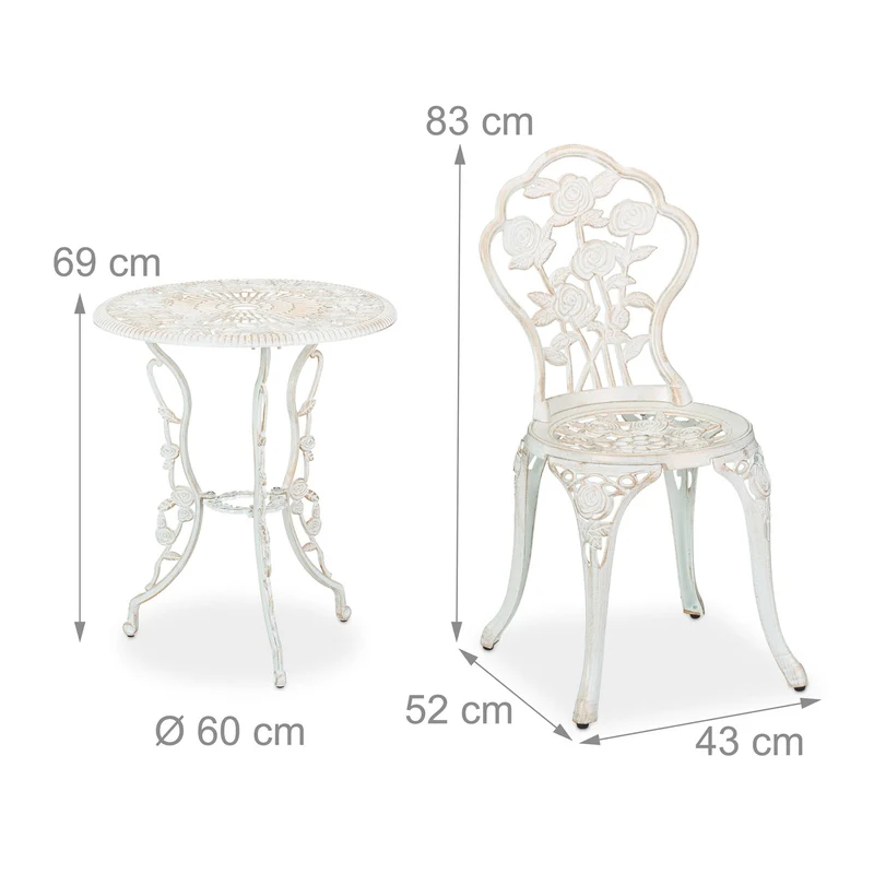 Lot de 1 table et 2 chaises de jardin design romantique pour extérieur 69 x 60 cm en fonte d'aluminium gris 13_0010164