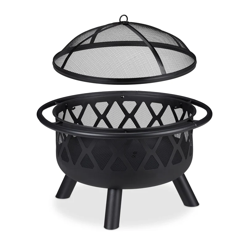 Brasero de jardin avec protection pare-étincelles design moderne extérieur 100 x 100 x 40 cm en acier noir 13_0010060