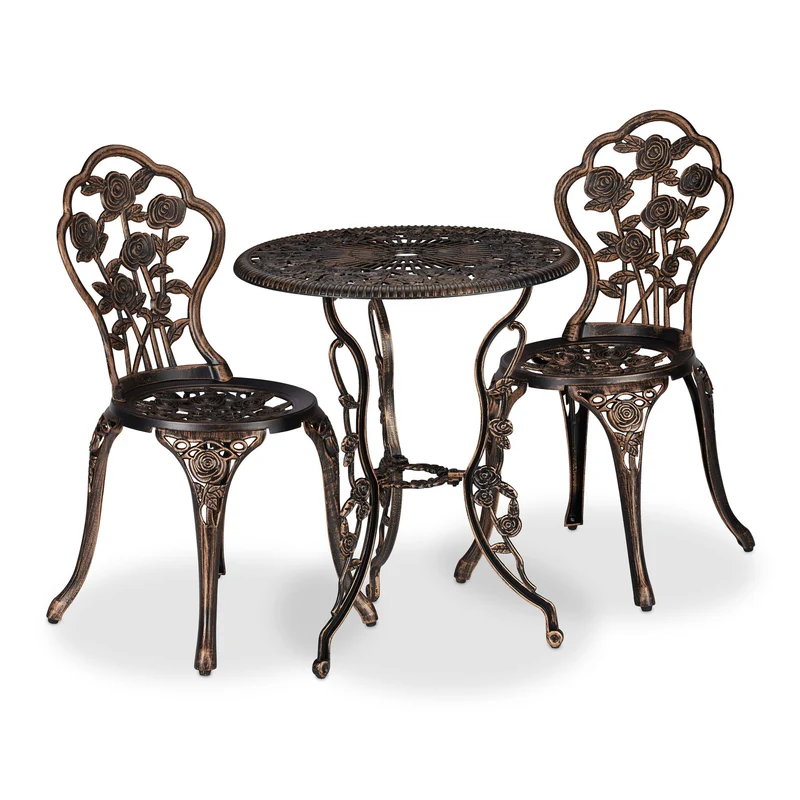 Lot de 1 table et 2 chaises de jardin design romantique pour extérieur 69 x 60 cm en fonte d'aluminium gris 13_0010163