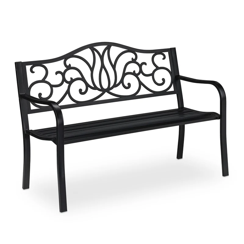 Banc de jardin décoratif pour 2 personnes 90 x 127,5 x 63 cm usage extérieur confort style antique en acier noir 13_0009499
