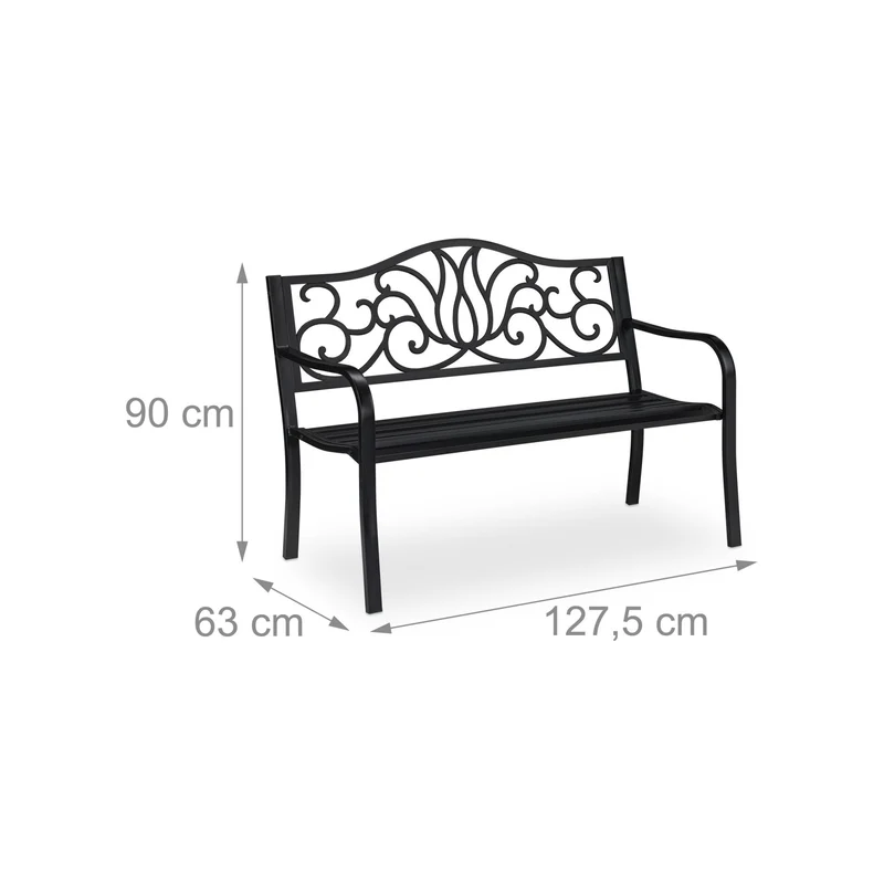 Banc de jardin décoratif pour 2 personnes 90 x 127,5 x 63 cm usage extérieur confort style antique en acier noir 13_0009499