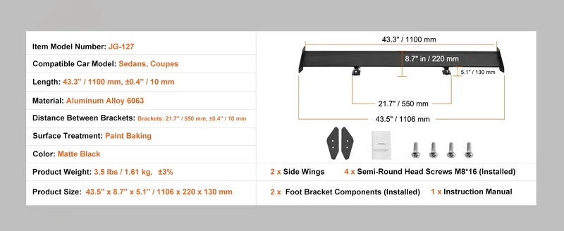 Becquet GT Wing Universel Aluminium 110cm Réglable