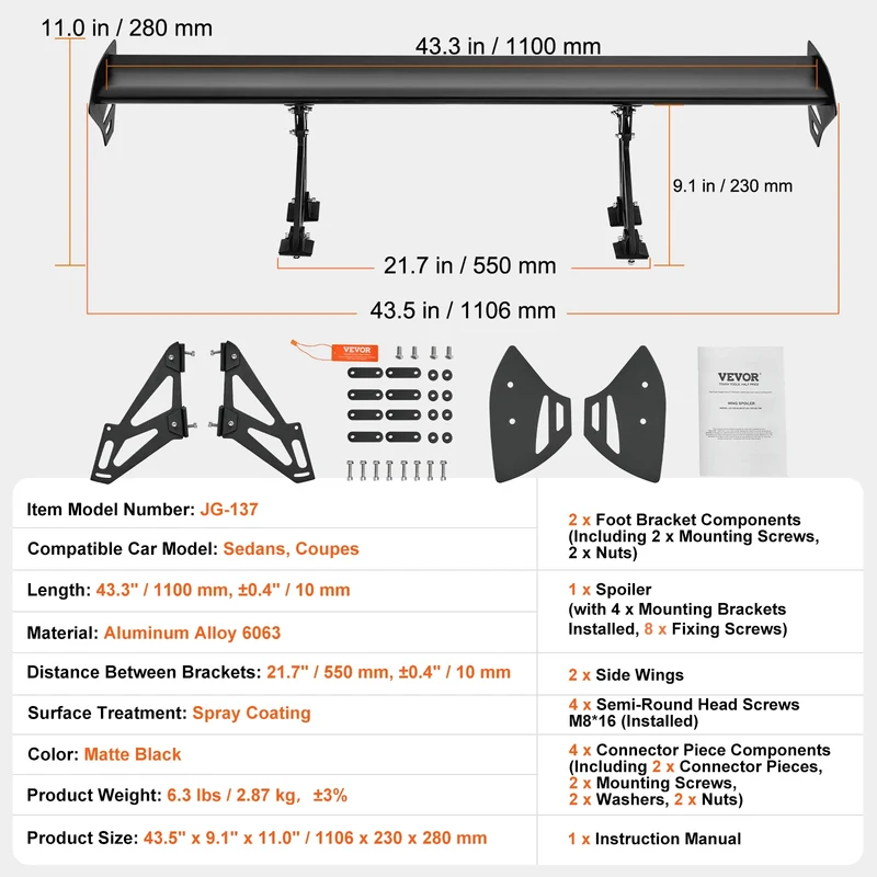 Becquet GT Wing Universel Aluminium 110cm Réglable