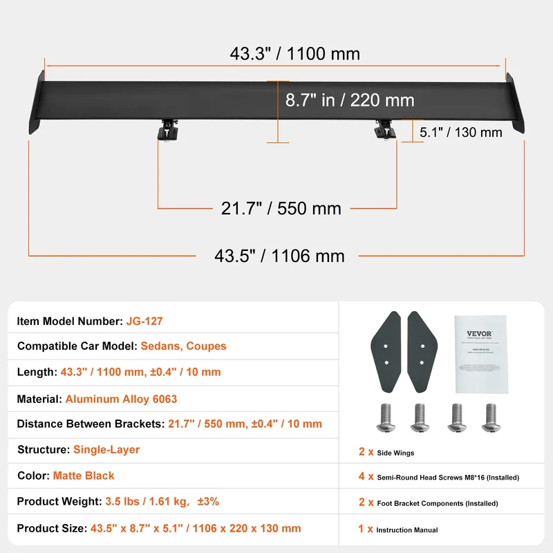 Becquet GT Wing Universel Aluminium 110cm Réglable