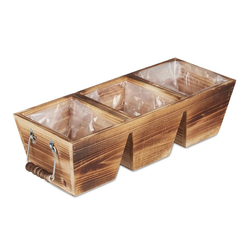 Jardinière rustique pour balcon ou jardin 60 x 25 x 25 cm 3 compartiments pratique en bois de sapin flambé 13_0010786