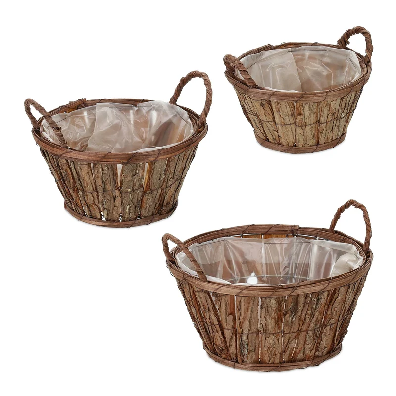 Lot de 3 pots de fleurs rustiques décoratifs 20 x 20 x 20 cm fabrication artisanale en écorce marron 13_0012572