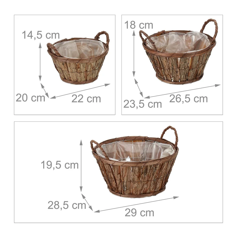 Lot de 3 pots de fleurs rustiques décoratifs 20 x 20 x 20 cm fabrication artisanale en écorce marron 13_0012572